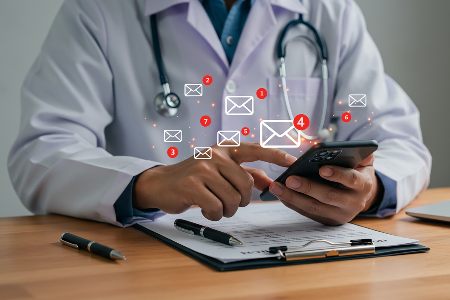 A doctor checks email on a smartphone while sitting at a desk in a medical office setting today real estate business ,technology ,selling ,purchasing ,agreement | Sector45 A doctor checks email