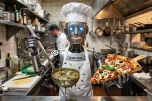 Robot chef Robo-Chef in a busy kitchen holds a bubbling pot in one hand and a pepperoni pizza in the other, with bees buzzing around.