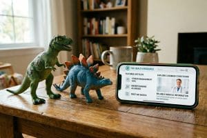 Toy dinosaurs and smartphone